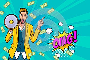 Surprise shocking successful business man holding megaphone and Falling Money Pop art retro comic