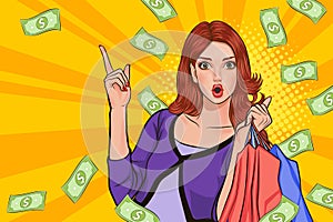 surprise shopping business woman successful and shocking with Falling Money say WOW OMG Pop art retro comic