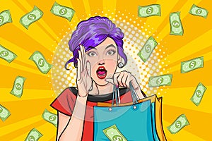 surprise shopping woman successful and shocking with Falling Money say WOW OMG Pop art