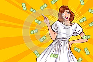 Surprise shopping woman successful and shocking with Falling Money say WOW OMG Pop art