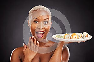 Surprise, sushi and portrait of woman with salmon, rice and excited for eating a platter of fish, seafood or luxury food