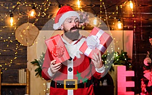 Surprise. winter shopping sales. Cheerful elf. bearded man santa hat. bearded santa deliver presents. Christmas shopping