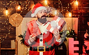 Surprise. winter shopping sales. Cheerful elf. bearded man santa hat. bearded santa deliver presents. Christmas shopping