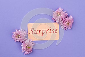Surprise word and pink flowers.