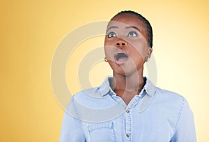 Surprise, wow or face of black woman in studio on yellow background amazed by retail discount deal. Wtf, omg or mind