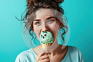 Surprise Yearold Woman Eats Mint Chocolate Chip Ice Cream On Turquoise Background photo