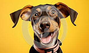 Surprised and adorable dog with big ears and a pink collar looking at the camera isolated on a yellow background with a joyful and