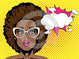 Surprised african woman with open mouth and afro hairstyle in glasses and speech bubble. Pop art retro comic style.