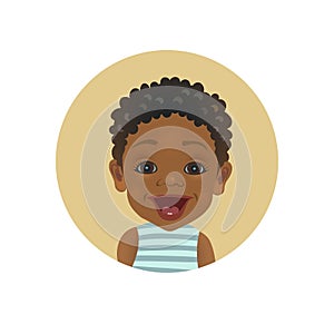 Surprised Afro American baby emoticon. Astonished African child smiley. Cute amazed dark-skinned toddler facial expression avatar