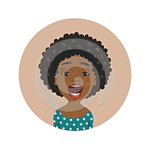 Surprised Afro American woman avatar. Astonished African girl emoticon. Cute amazed dark-skinned person facial expression