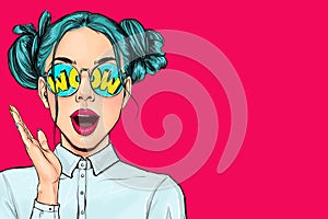 Surprised amased young attractive happy Pop Art woman in glasses . Advertising poster or party invitation with sexy  girl