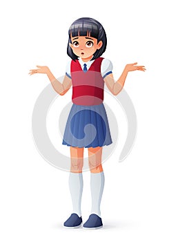 Surprised Asian school student girl shrugging shoulders. Isolated vector illustration.