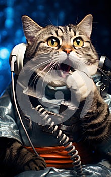 Surprised astronaut cat in a spacesuit in a spaceship plows the expanses of the universe