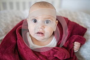 Surprised baby covered with a red blanket and lying on a bed