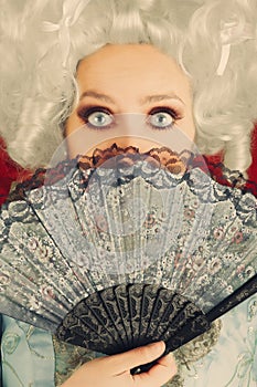 Surprised Baroque Woman Portrait with Wig and Fan