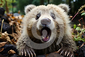 Surprised bear with wide open eyes and stretched mouth conveying astonished curiosity and amazement