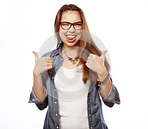 Surprised beautiful woman looking sideways in excitement.