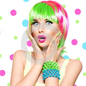 Surprised beauty model girl with colorful dyed hair
