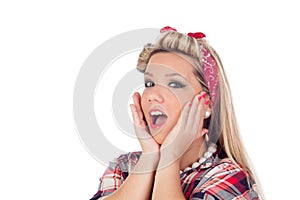 Surprised blonde girl with blue eyes in pinup style