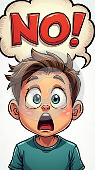 Surprised Boy in Comic Style with Speech Bubble Saying No
