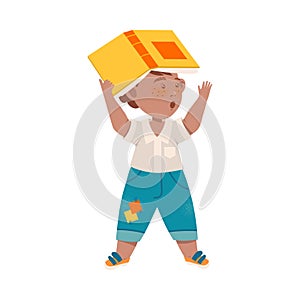 Surprised Boy Standing Covering His Head with the Book Vector Illustration