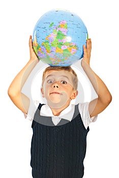 Surprised boy with world globe