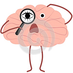 Surprised brain looks through a magnifying glass. Vector illustration of the organs of the central nervous system.