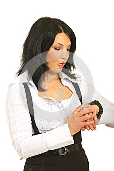 Surprised business woman checking time