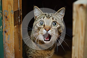 Surprised cat with big eyes and wide open mouth