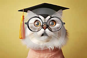 Surprised cat in glasses wear graduation hat on bright yellow background. ai generative