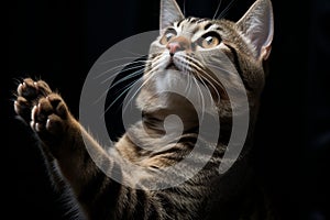 Surprised cat on hind legs with spontaneous playfulness against bright background