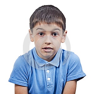 Surprised child a boy in a blue t shirt isolate