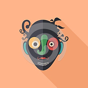Surprised clown flat square icon with long shadows.