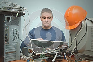 Computer repairman. Computer technician engineer. Support service.