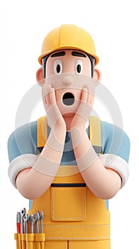 Surprised Construction Worker with Open Mouth and Hands on Face