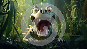 Surprised Crocodile: Animation Dinosaur With Huge Teeth And Open Mouth
