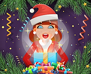 Surprised Cute Girl Hold Light Gift Box Hands New Year Christmas Symbol Icon Confetti Ribbons Greeting Card Template