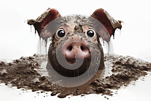 surprised dirty pig with bulging big eyes wallow in the mud isolated on solid white background. ai generative