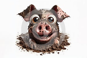 surprised dirty pig with bulging big eyes wallow in the mud isolated on solid white background. ai generative