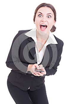 Surprised, excited and happy business woman texting on smartphon