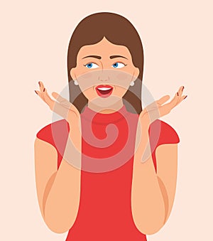 Surprised Excited Woman. Smiling girl`s hands on cheek Vector illustration