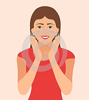 Surprised Excited Woman. Smiling girl`s hands on cheek Vector illustration