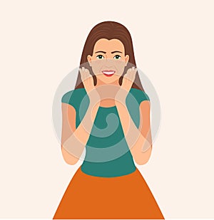 Surprised Excited Woman. Smiling girl`s hands on cheek Vector illustration