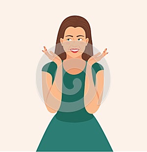 Surprised Excited Woman. Smiling girl`s hands on cheek Vector illustration