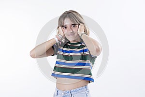 Surprised excited woman on white background