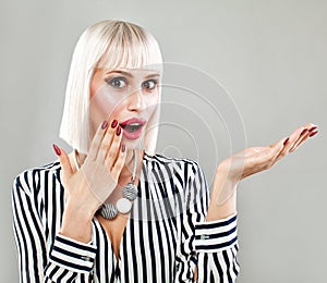 Surprised Fashion Model Woman Showing Empty Copy Space