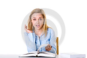 Surprised female student read book, isolated
