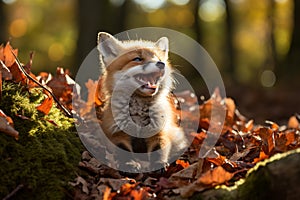 Surprised fox with wide eyes and a big smile, displaying curiosity and amazement