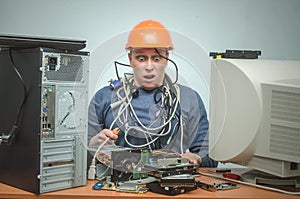 Computer repairman. Computer technician engineer. Support service.