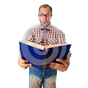 Surprised geek reading book on white background